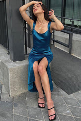 Seidiges, ärmelloses Sommer-Cocktailparty-Midikleid aus Satin mit Schlitz - Königsblau